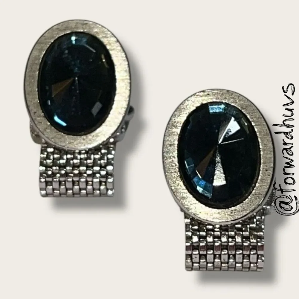 Vintage Silver-Tone Mesh Cufflinks – Faceted Blue Glass Stones